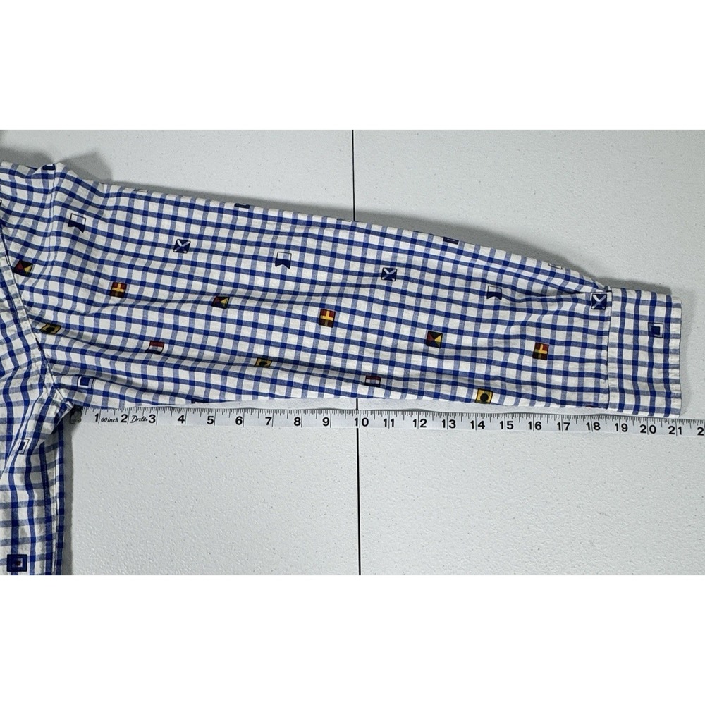 Artistry In Motion Gingham Button Down LS Shirt Blue Flags Print Mens L - Picture 9 of 9